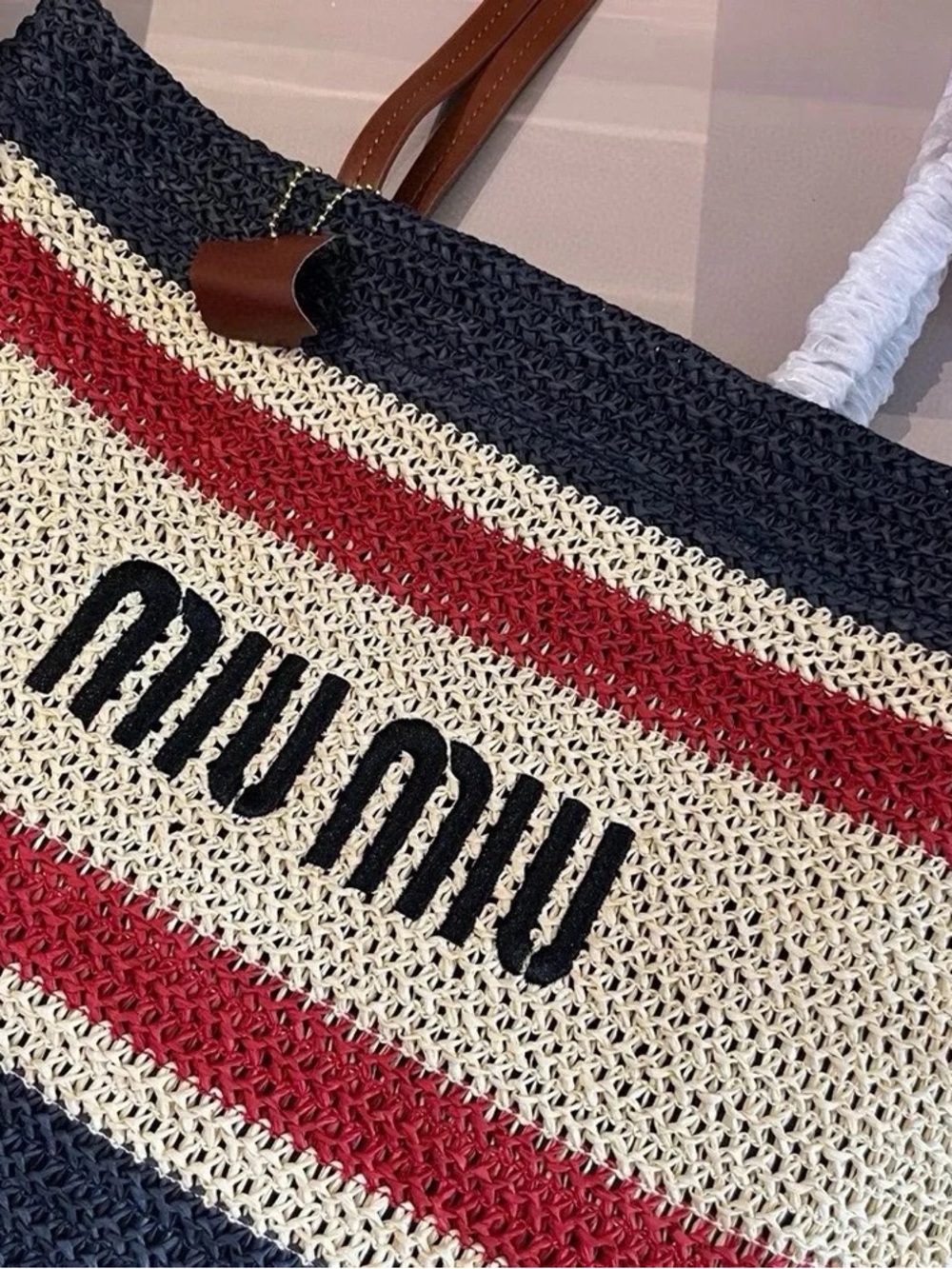 Miu Miu Navy, Red and Cream Striped Woven Tote - Picture 7 of 8